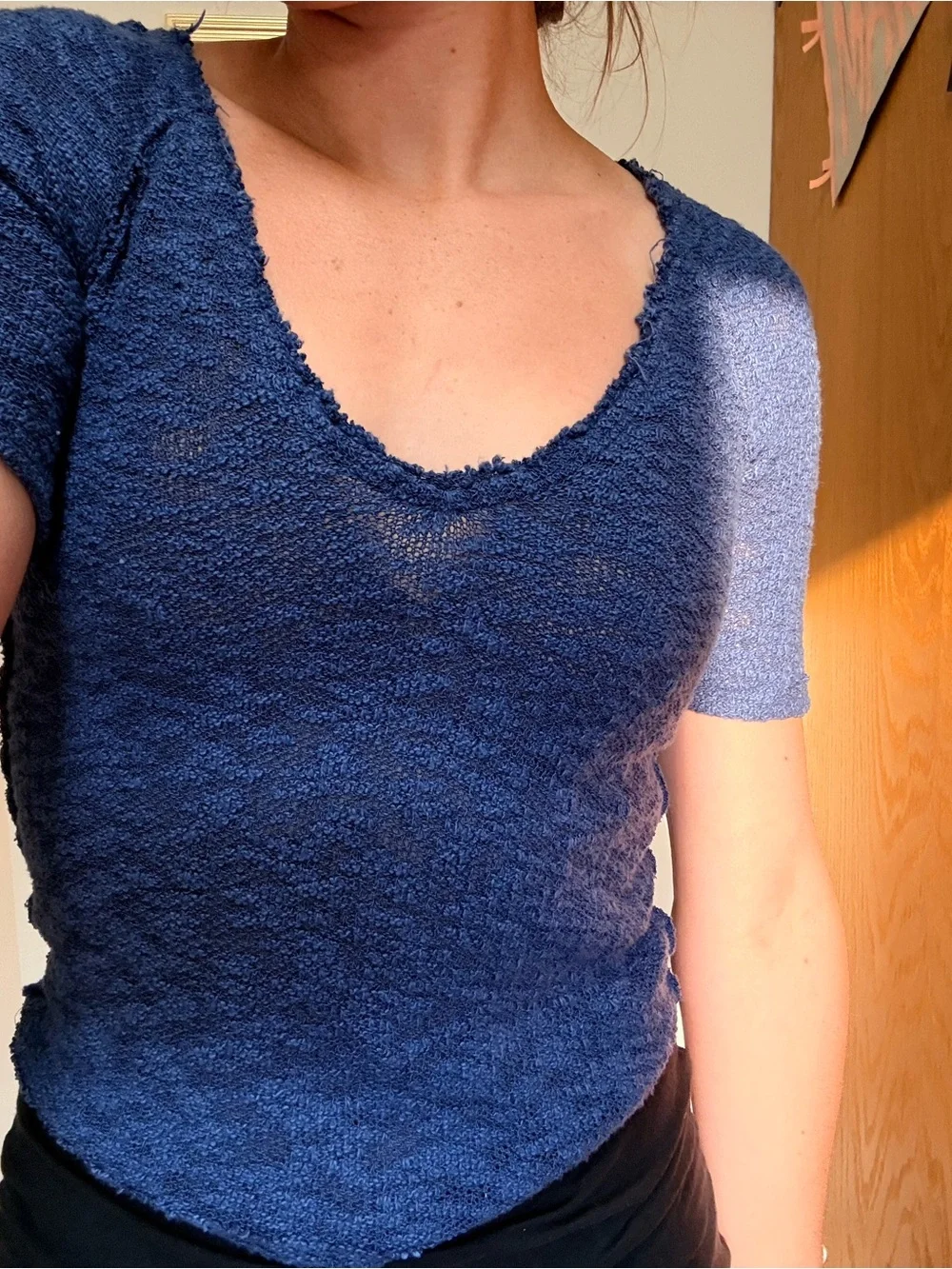 Free People Textured Navy V Neck Short Sleeve Tee